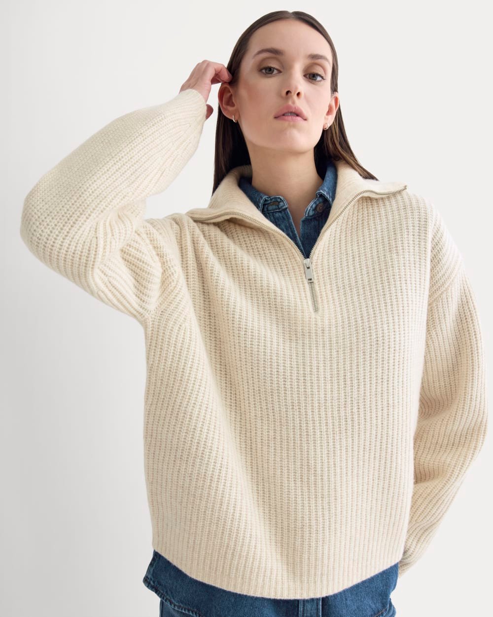 The Half-Zip Sweater in Luxe Merino (Heathered Oat)