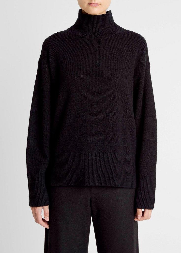 Wool-Cashmere Side-Slit Turtleneck Sweater (Black)