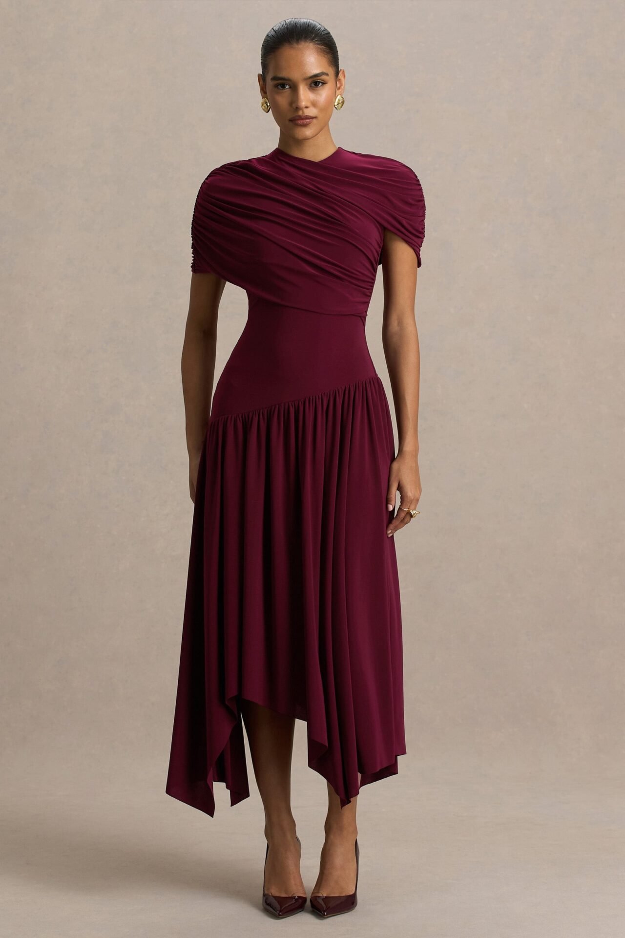 Ione Burgundy Wrapped Midi Dress With Hanky Hem