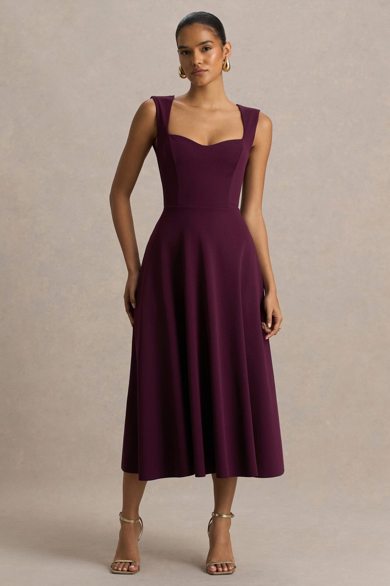 Andromeda Burgundy Sweetheart-Neck Midi Dress