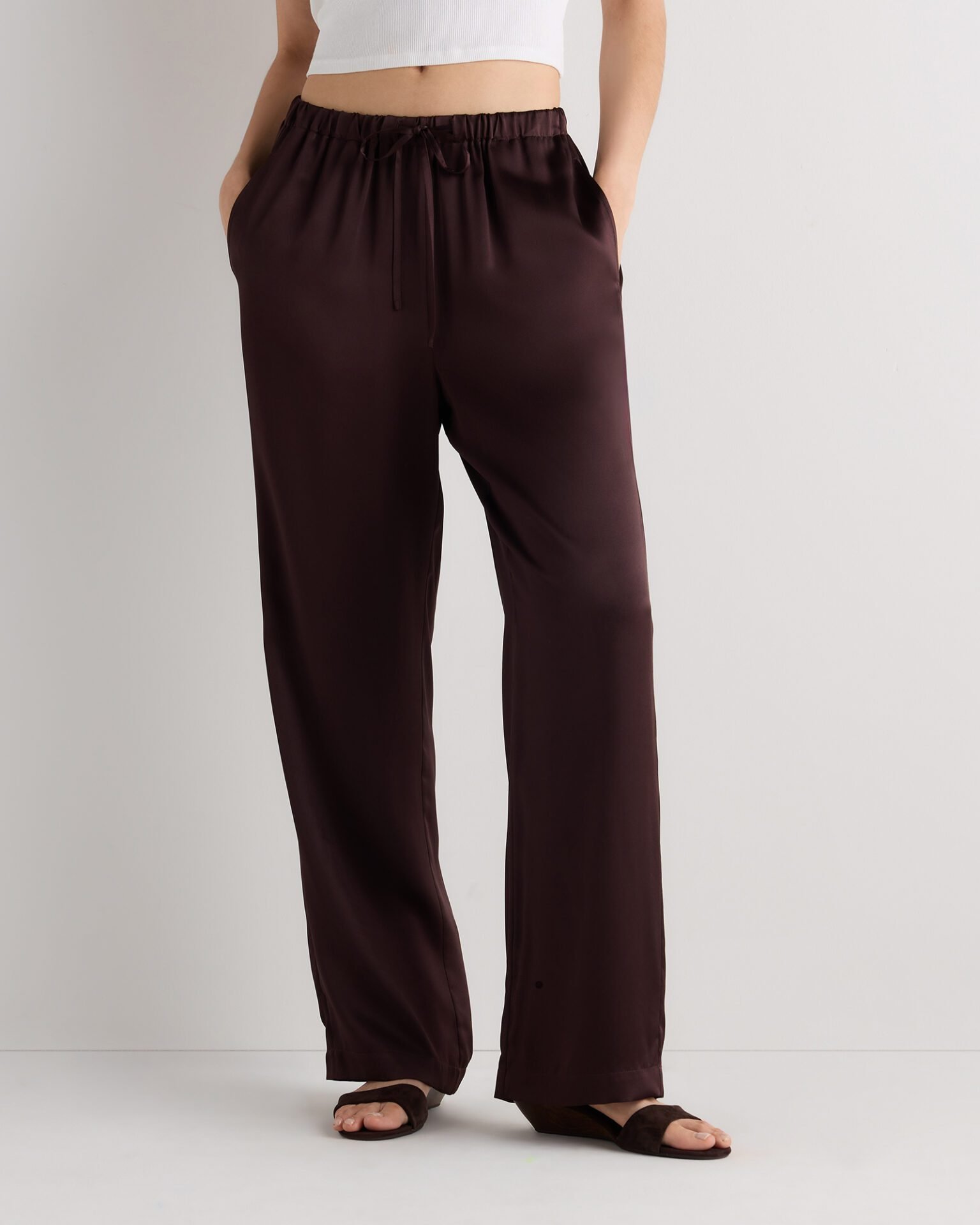100% Washable Silk Drawstring Wide Leg Pants