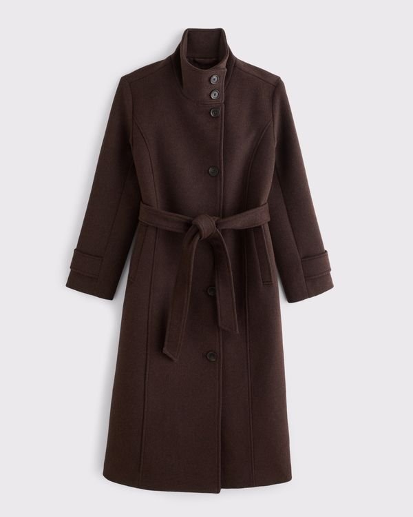 Funnel Neck Wool-Blend Long Coat