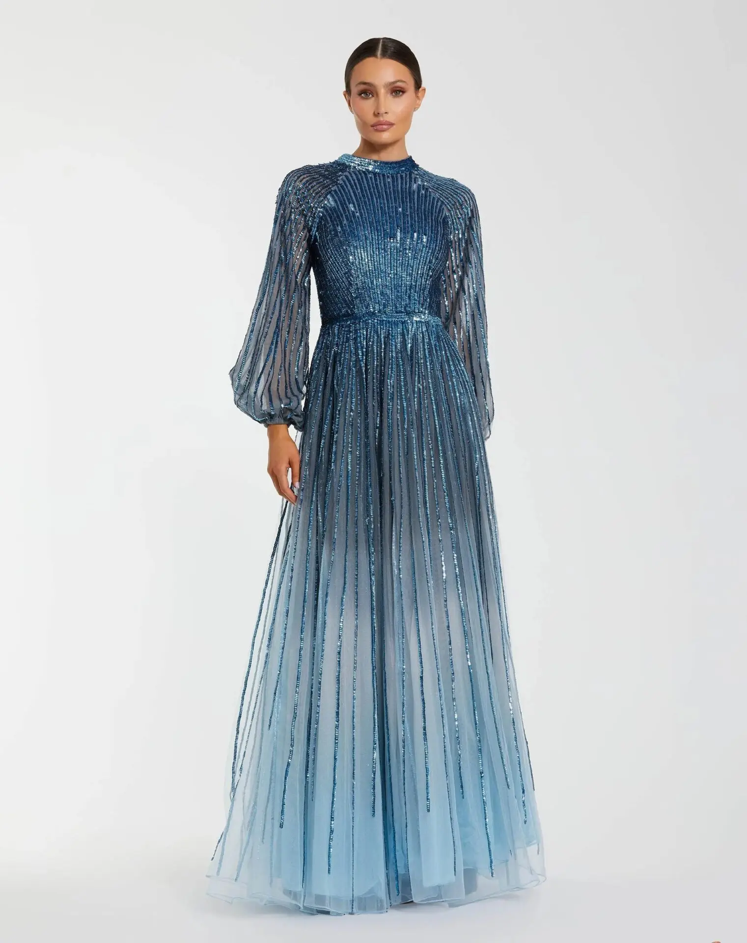 Blue Ombre Sequin Long Sleeve A-Line Gown (Slate Blue)
