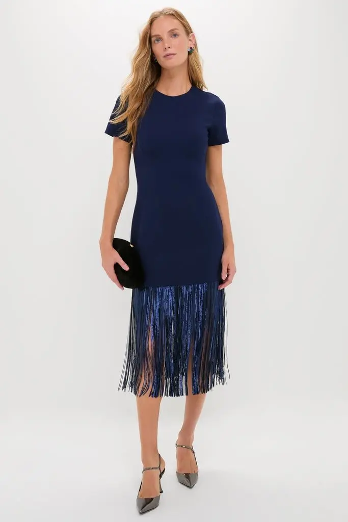 Navy Sequin Fringe Stevie Midi Dress