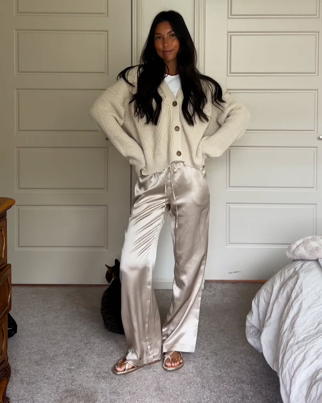 100% Washable Silk Drawstring Wide Leg Pants (Champagne)