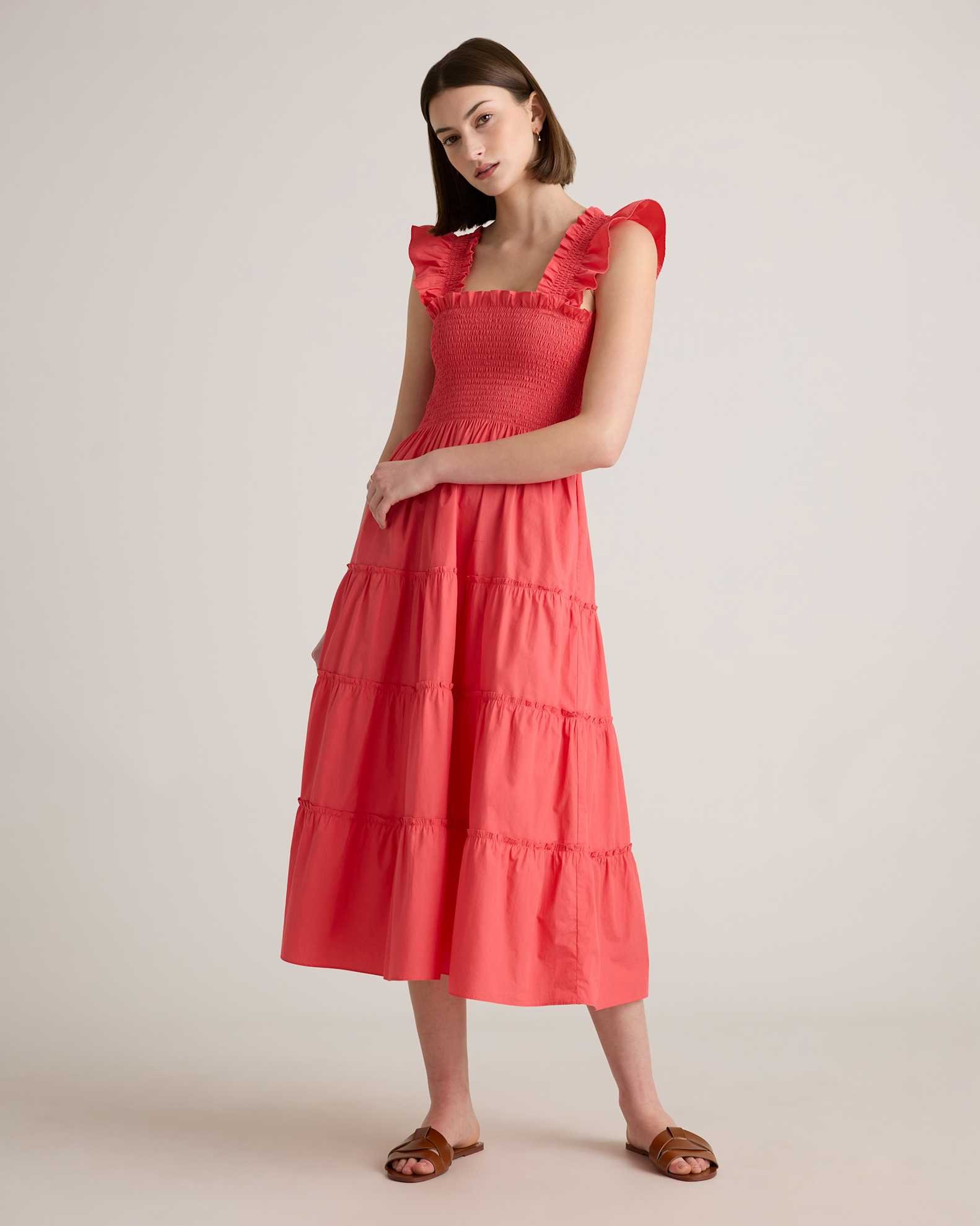 100% Organic Cotton Poplin Smocked Midi Dress (Spiced Coral)
