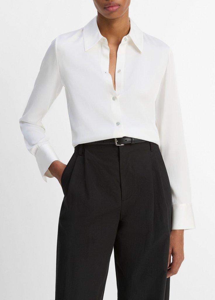 Silk-Blend Slim Button-Front Blouse (Off White)