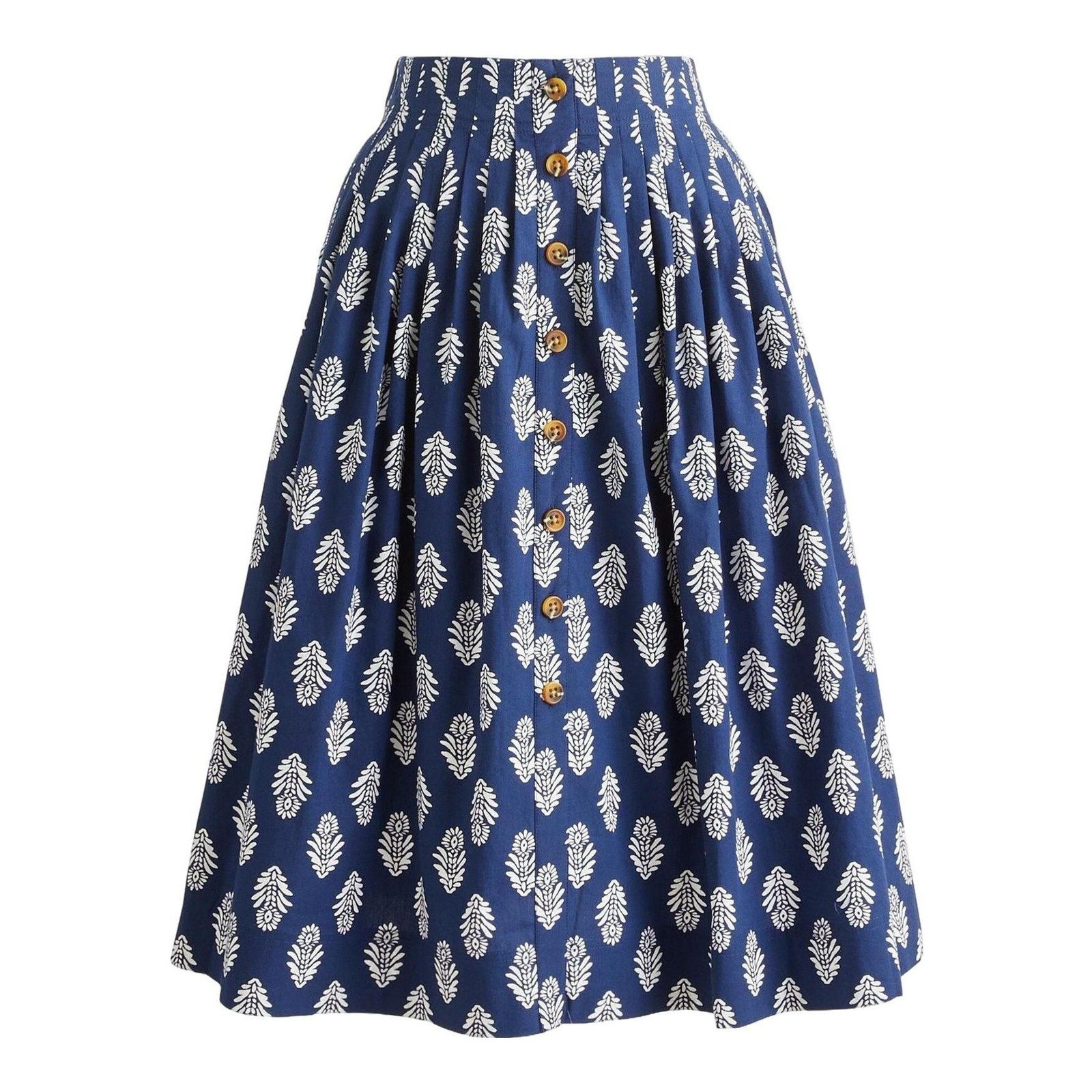 Pleated Button-Front Midi Skirt (Navy Brown Plaid)