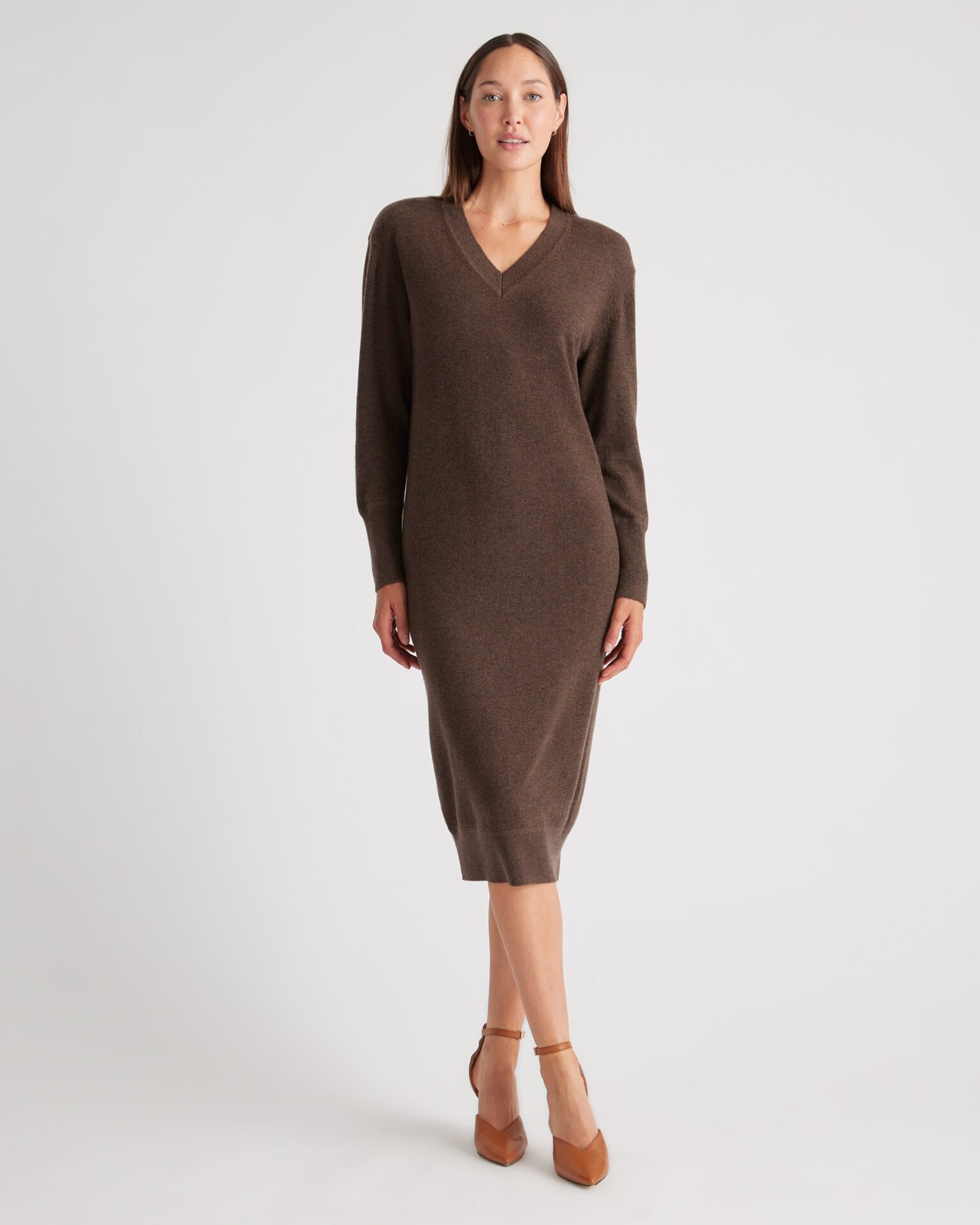 Mongolian Cashmere V-Neck Midi Sweater Dress (Brown)