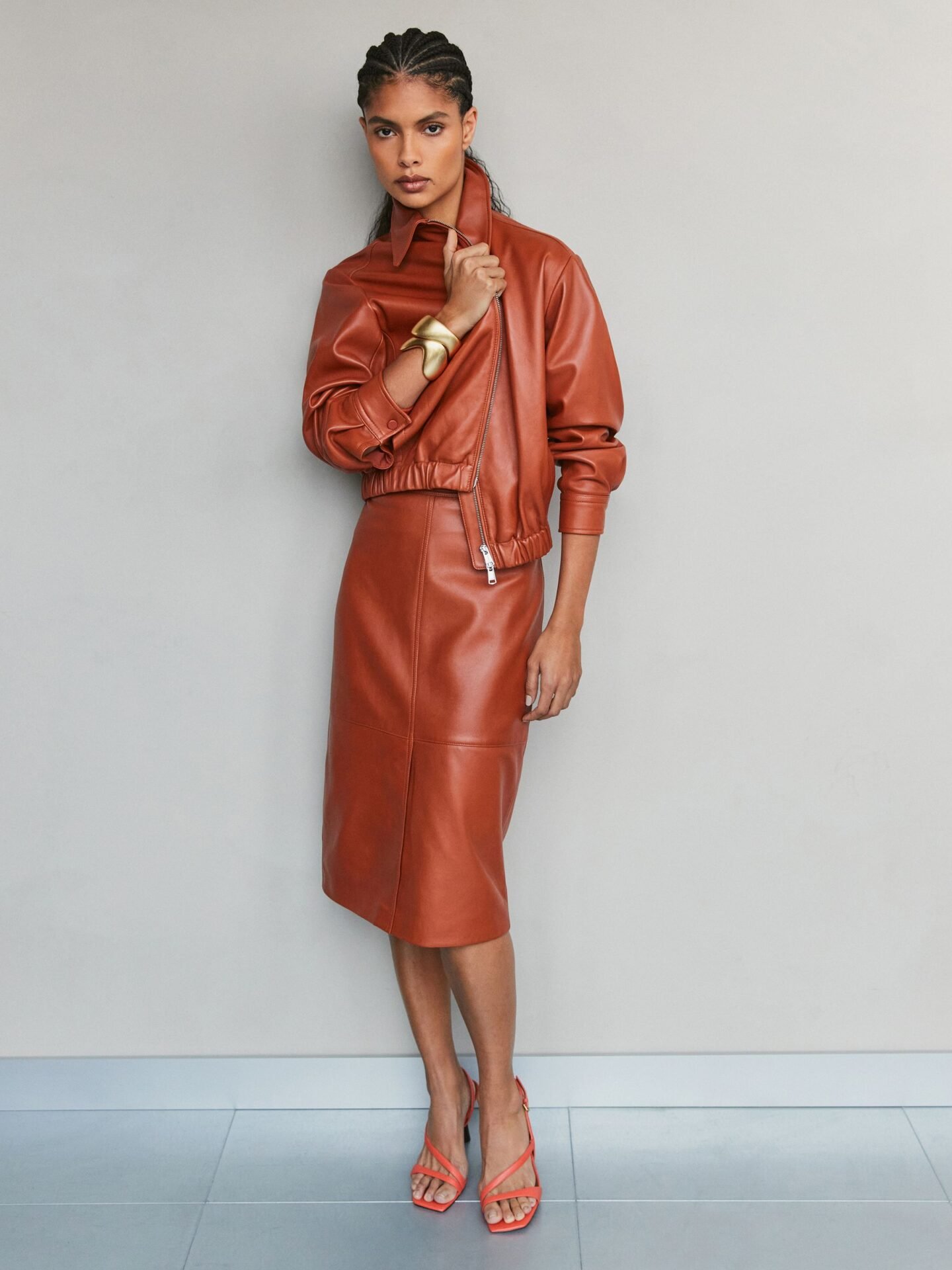 Miley Leather Midi Pencil Skirt (Rust Orange)