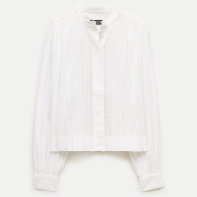 Button-Front Blouse in Striped Textured Cotton (White)
