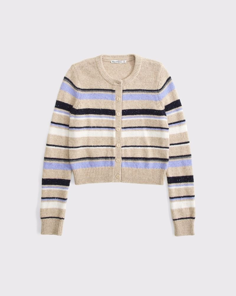 100% Cotton Shrunken Crew Cardigan (Light Brown Stripe)