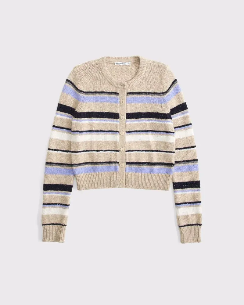 100% Cotton Shrunken Crew Cardigan (Light Brown Stripe)