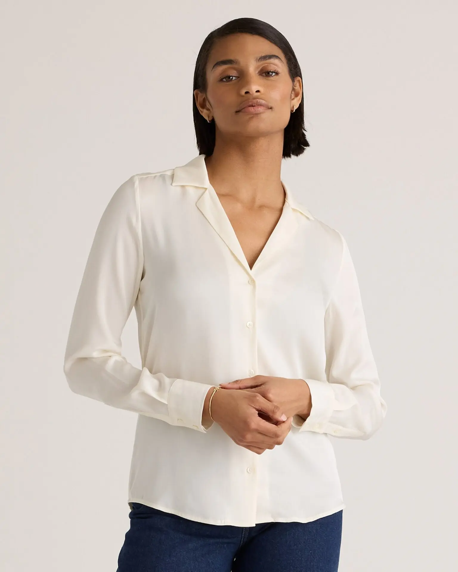 Washable Stretch Silk Notch Collar Blouse (Ivory)