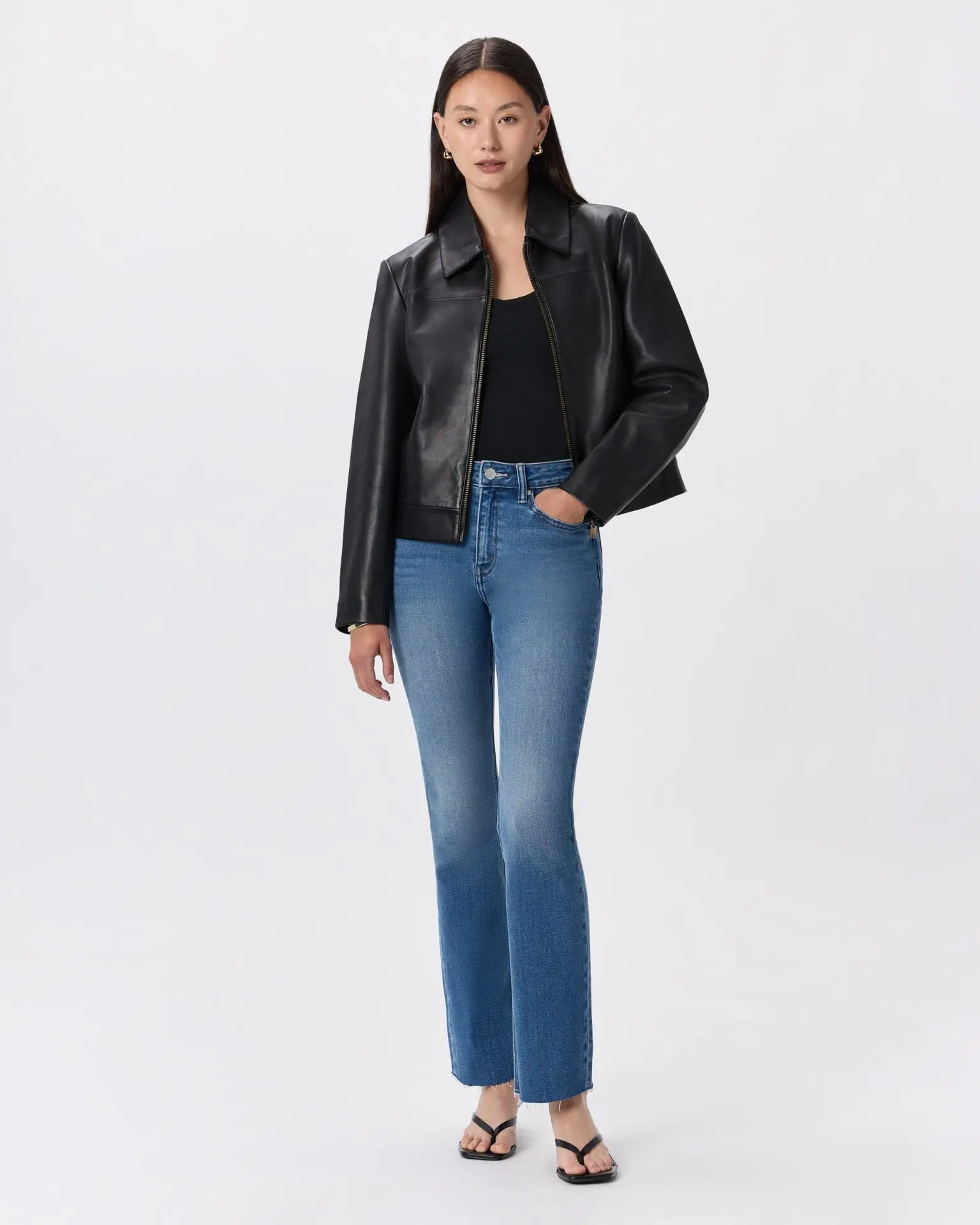 100% Leather Cropped Zip-Front Jacket (True Black)