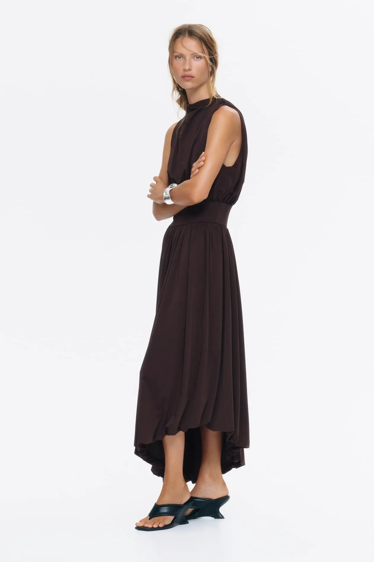 Draped Mock Turtleneck Dress (Dark Brown)