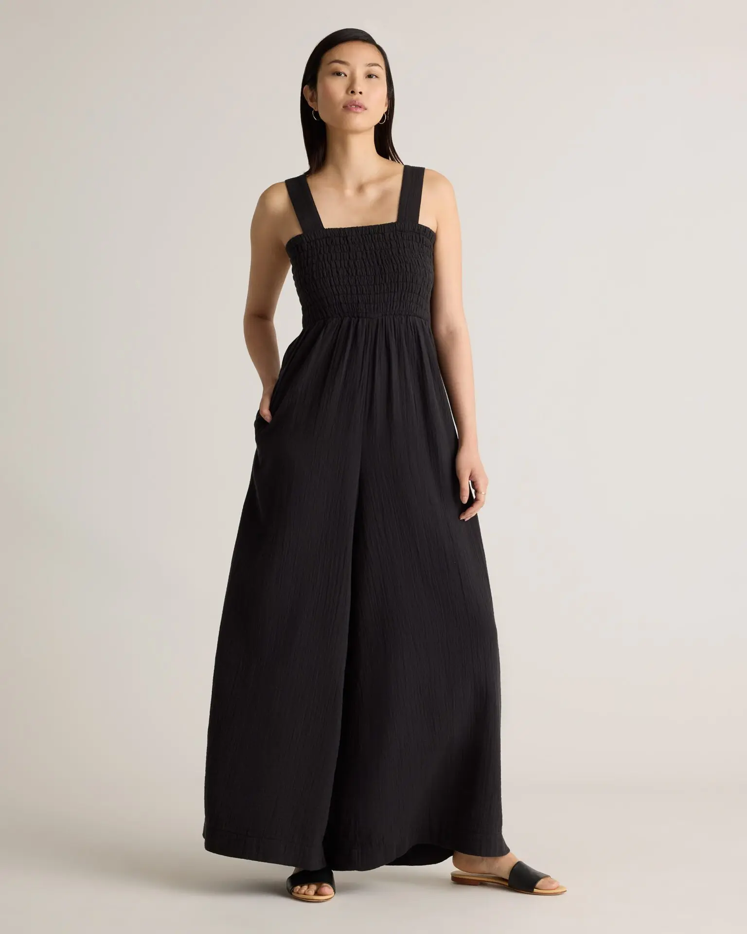 100% Organic Cotton Gauze Smocked Wide Leg Jumpsuit (Black)