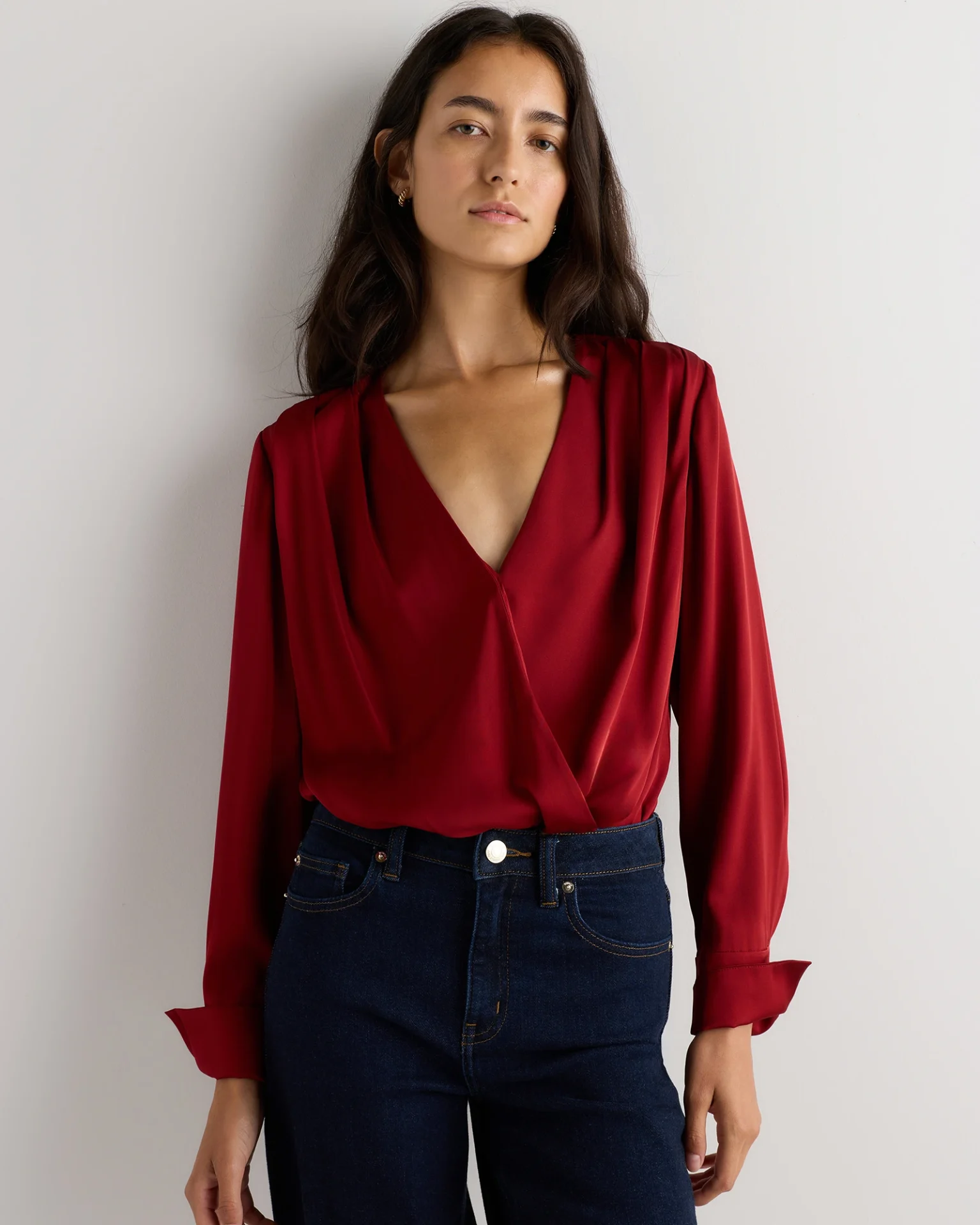 Washable Stretch Silk Surplice Bodysuit (Clay Red)