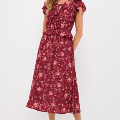 Oxblood Multi Floral Midi Dress
