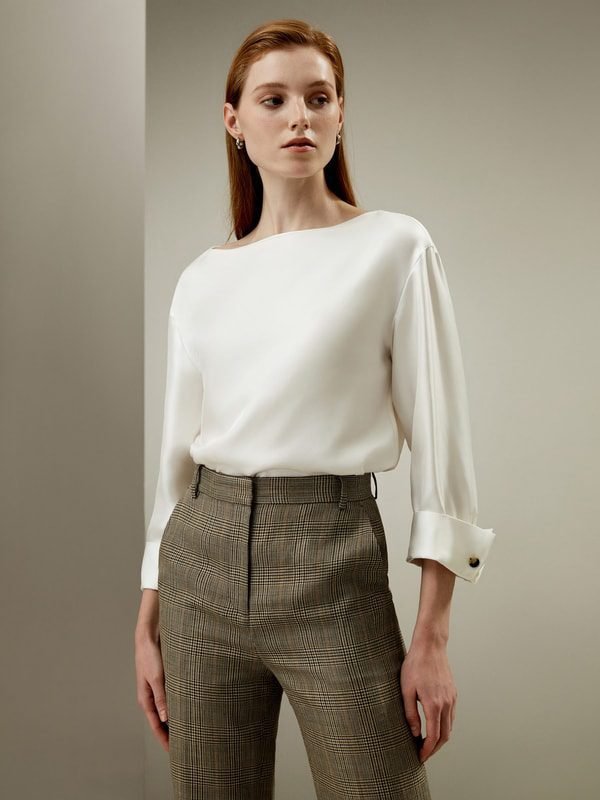 Silk Twill Blouse With Boat Neckline (Natural White)