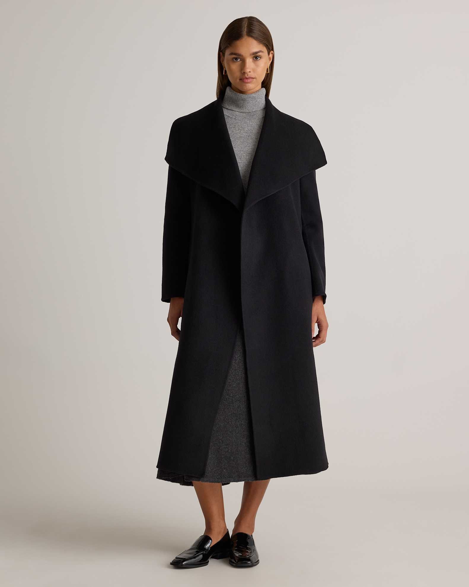 Double-Faced Merino Wool Draped Collar Wrap Coat (Black)