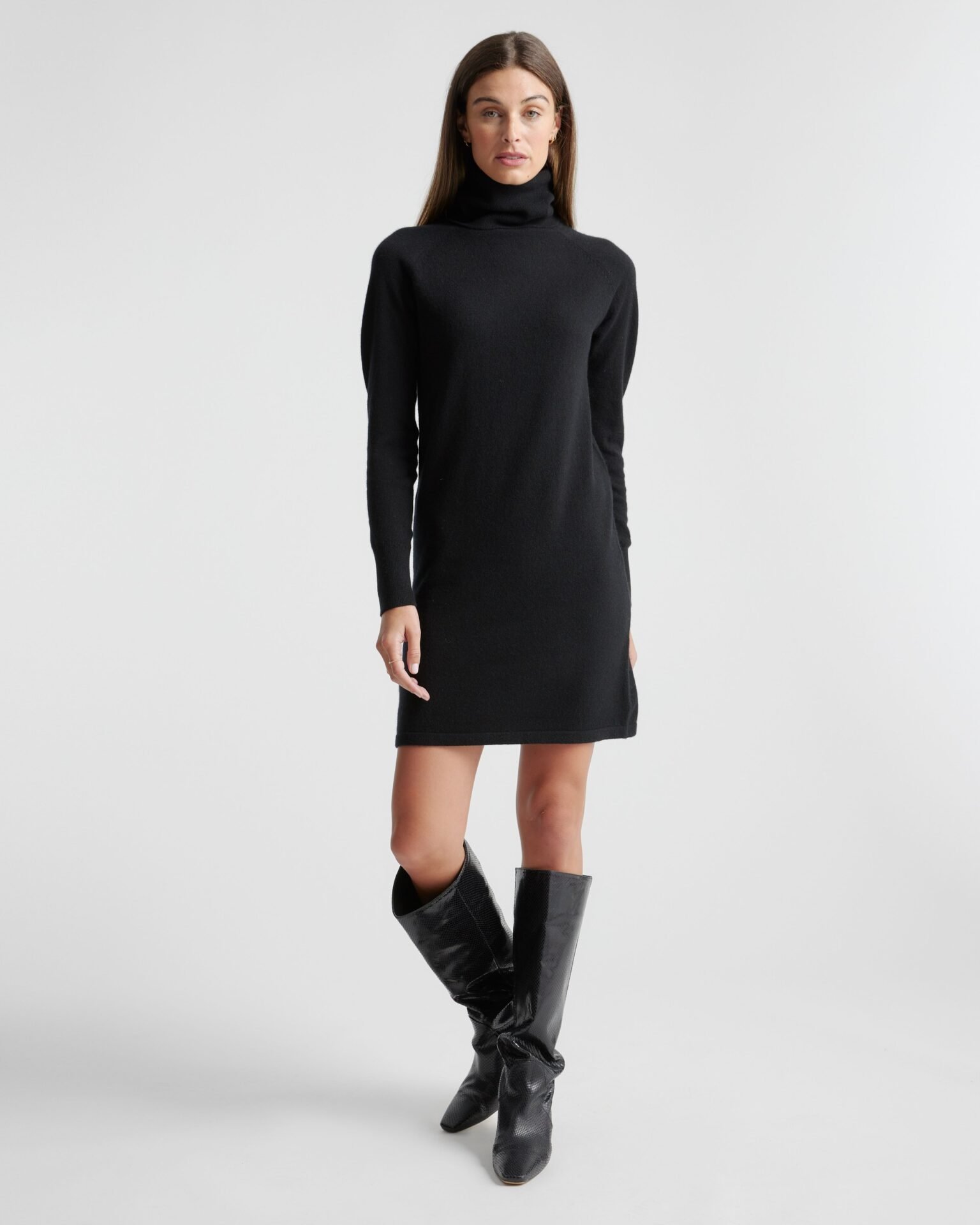 Mongolian Cashmere Turtleneck Sweater Dress (Black)