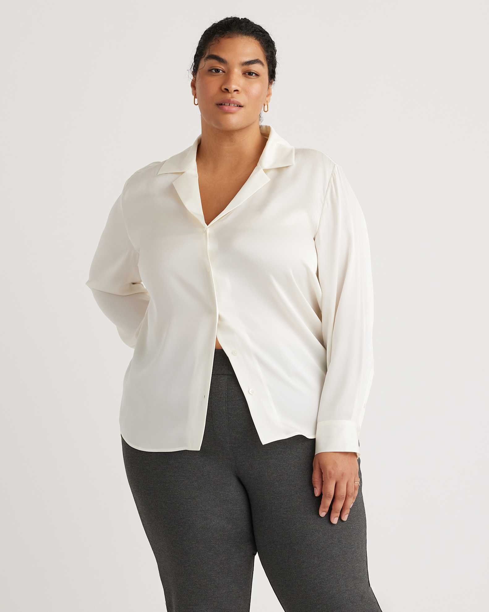 Washable Stretch Silk Notch Collar Blouse (Ivory)