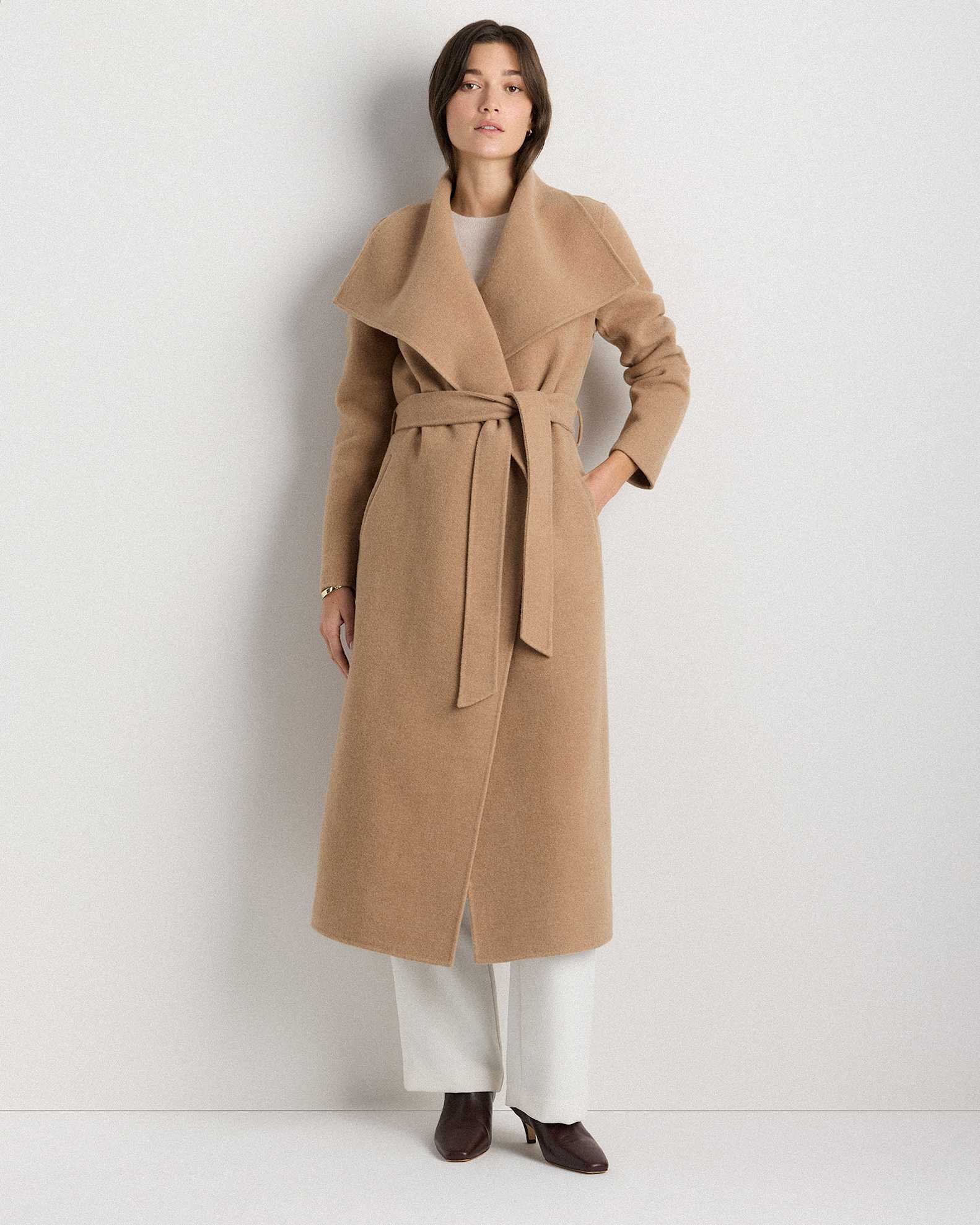Double-Faced Merino Wool Draped Collar Wrap Coat (Caramel)