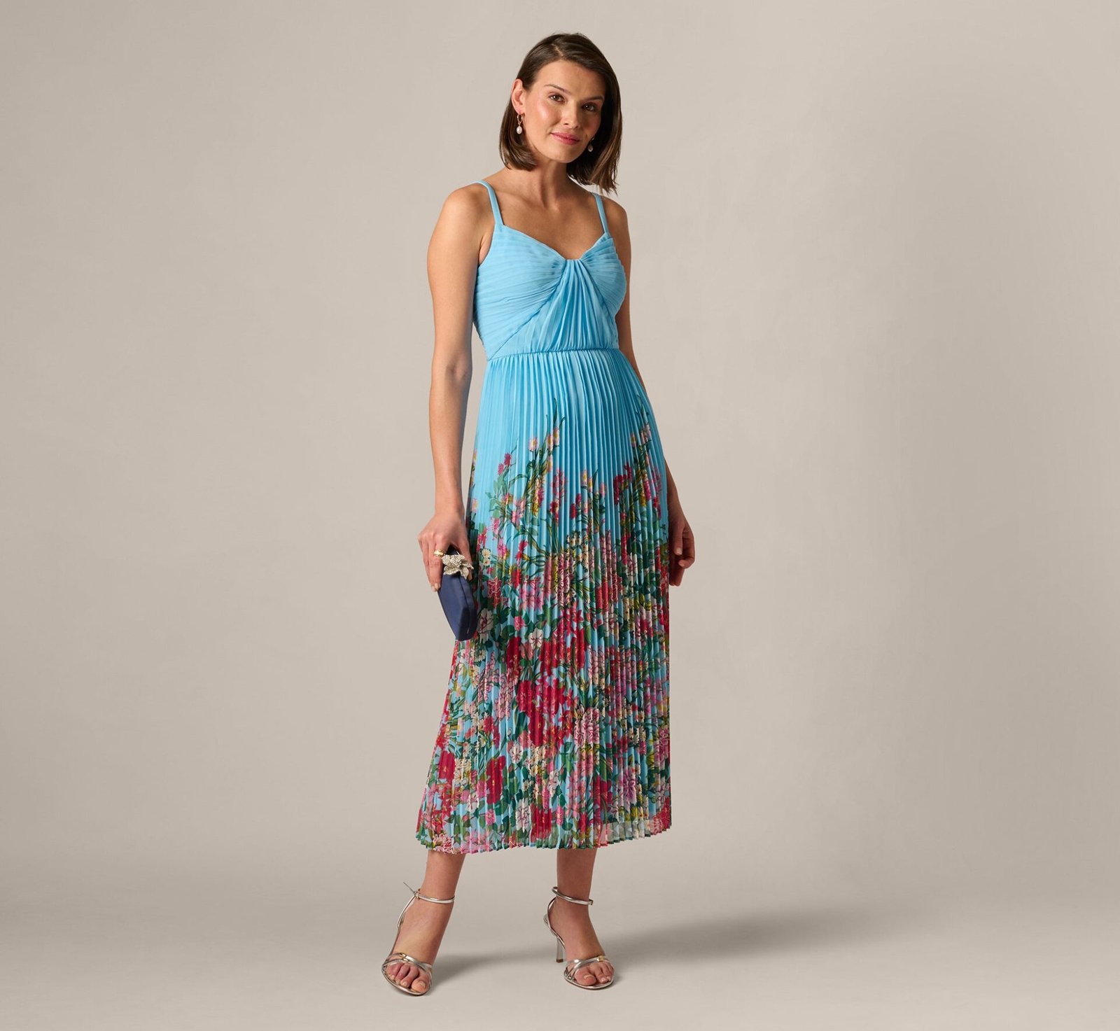 Pleated Wildflower Border Midi Dress (Light Blue Multi)