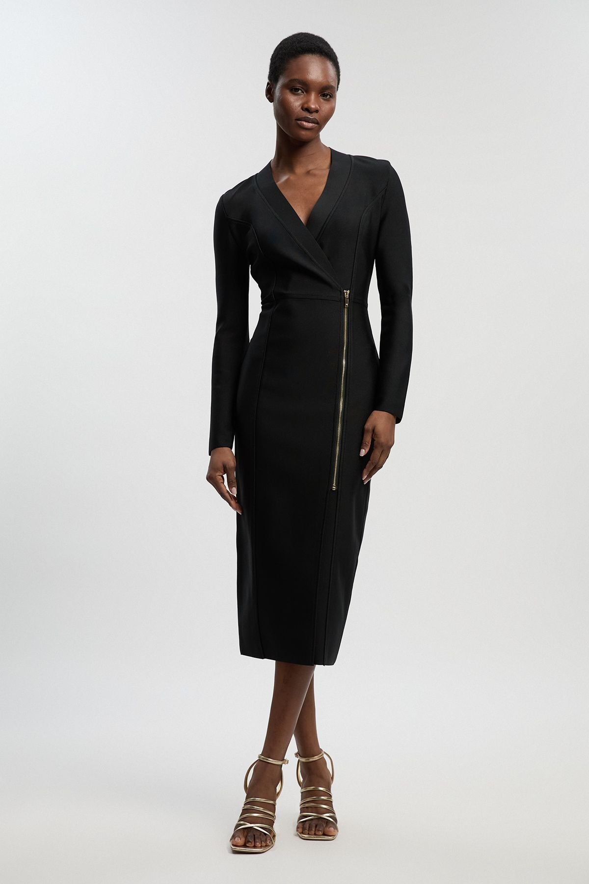 Figure Form Bandage Asymmetric Zip Detail Midi Dress (Black)