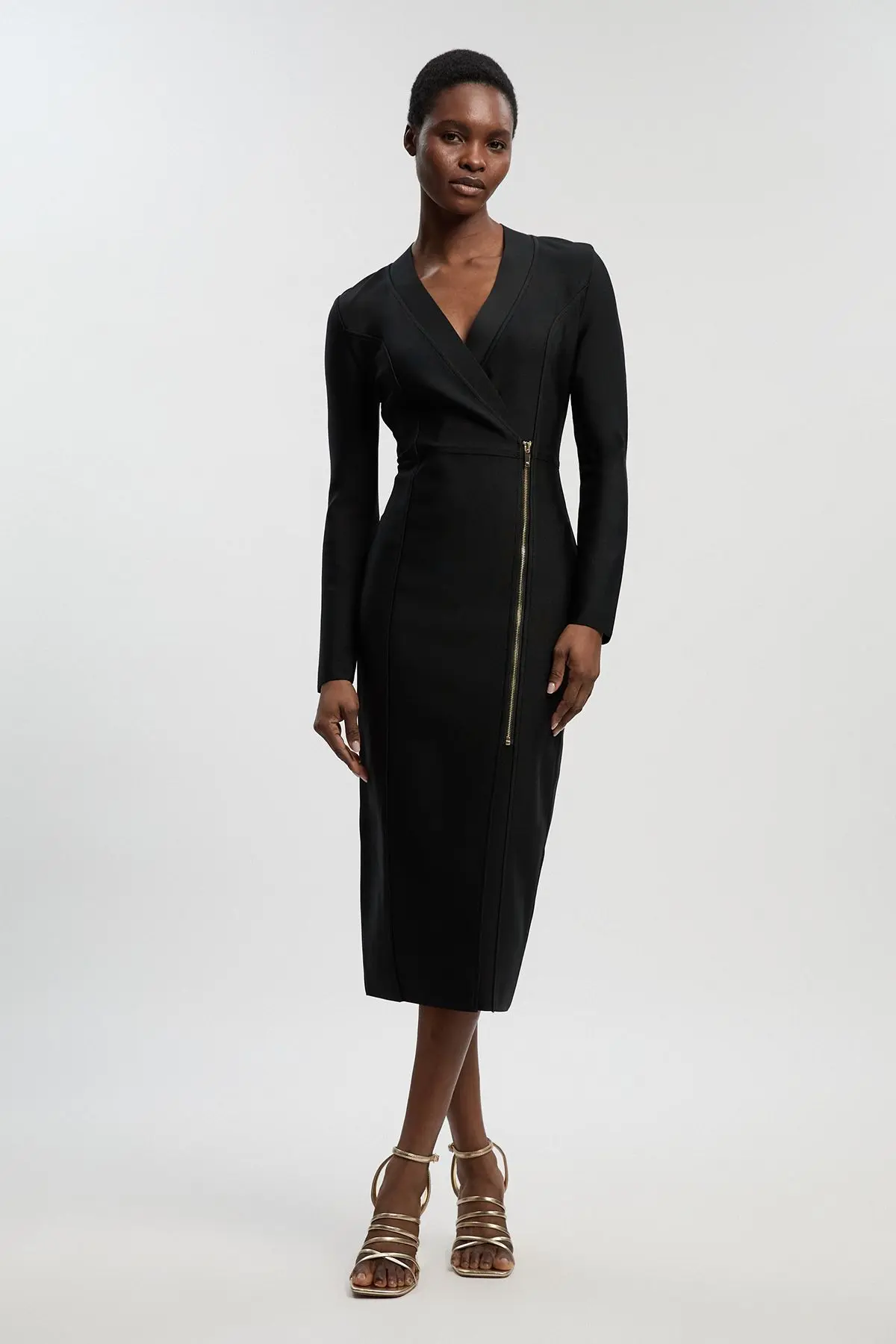 Figure Form Bandage Asymmetric Zip Detail Midi Dress (Black)