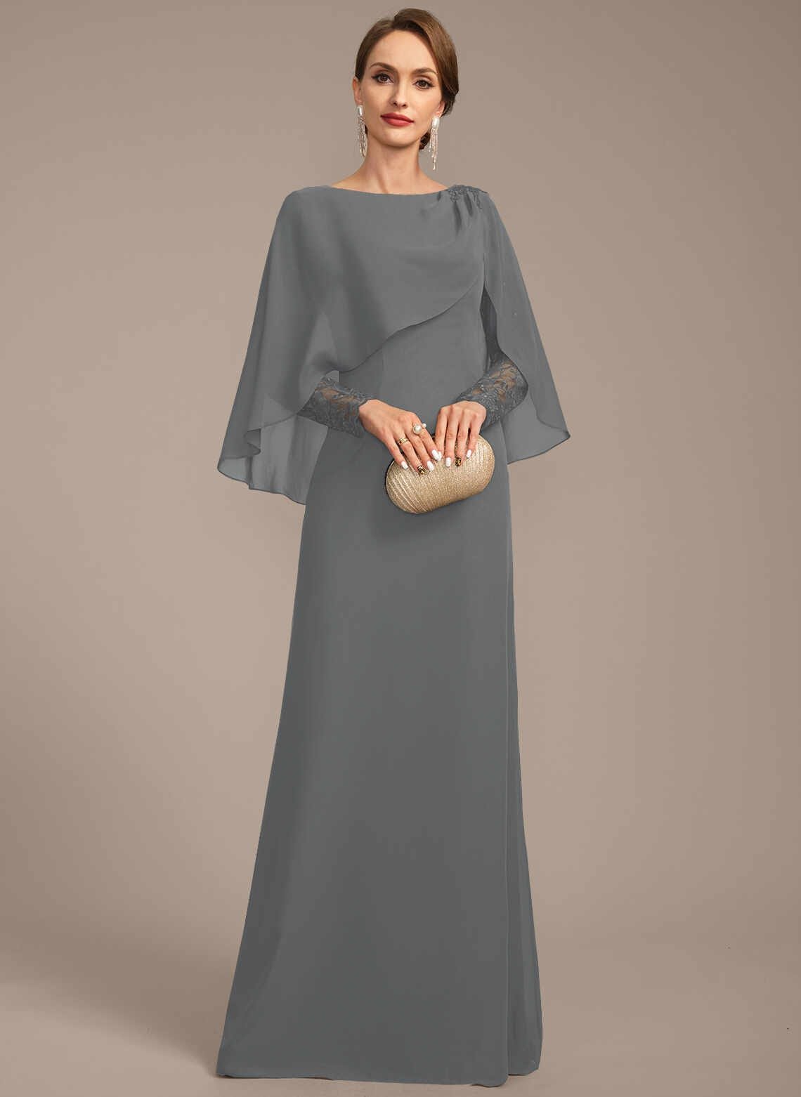 Kenadee Sheath/Column Scoop Floor-Length Lace Chiffon Dress With Pleated Cape (Steel Grey)