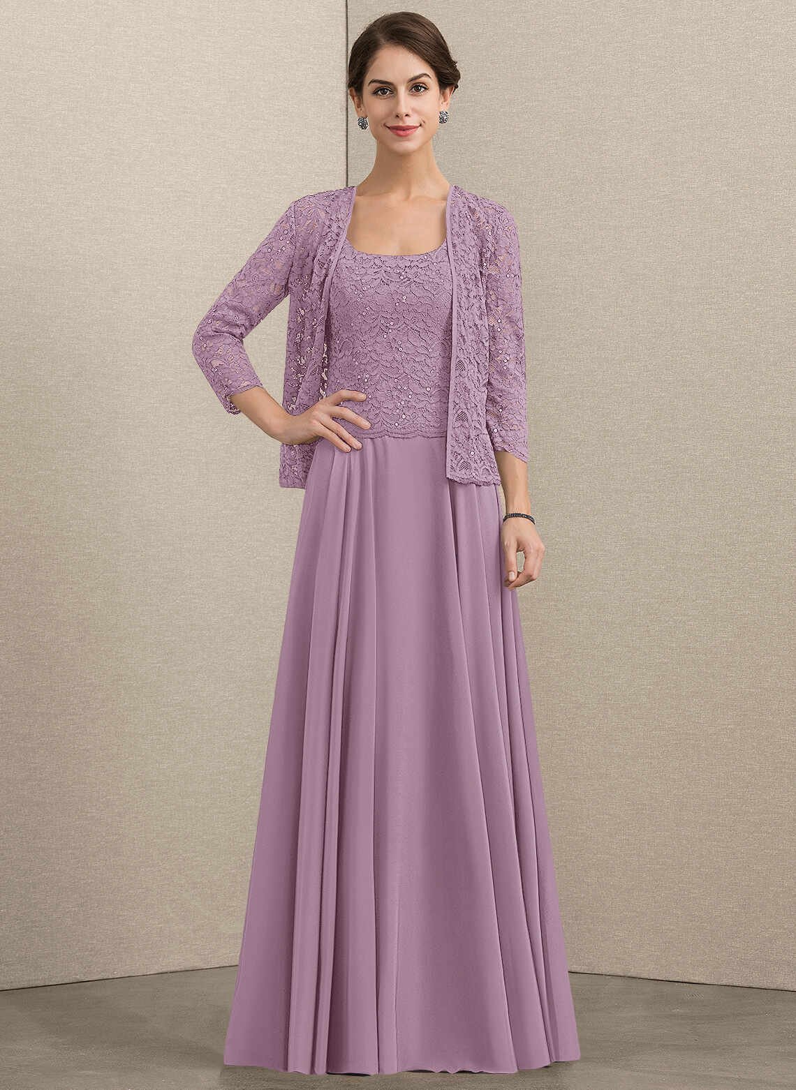 Branka A-Line Square Floor-Length Sequins Lace Dress with Matching Wrap Jacket (Wisteria)