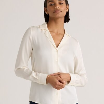 Washable Stretch Silk Notch Collar Blouse (Ivory)