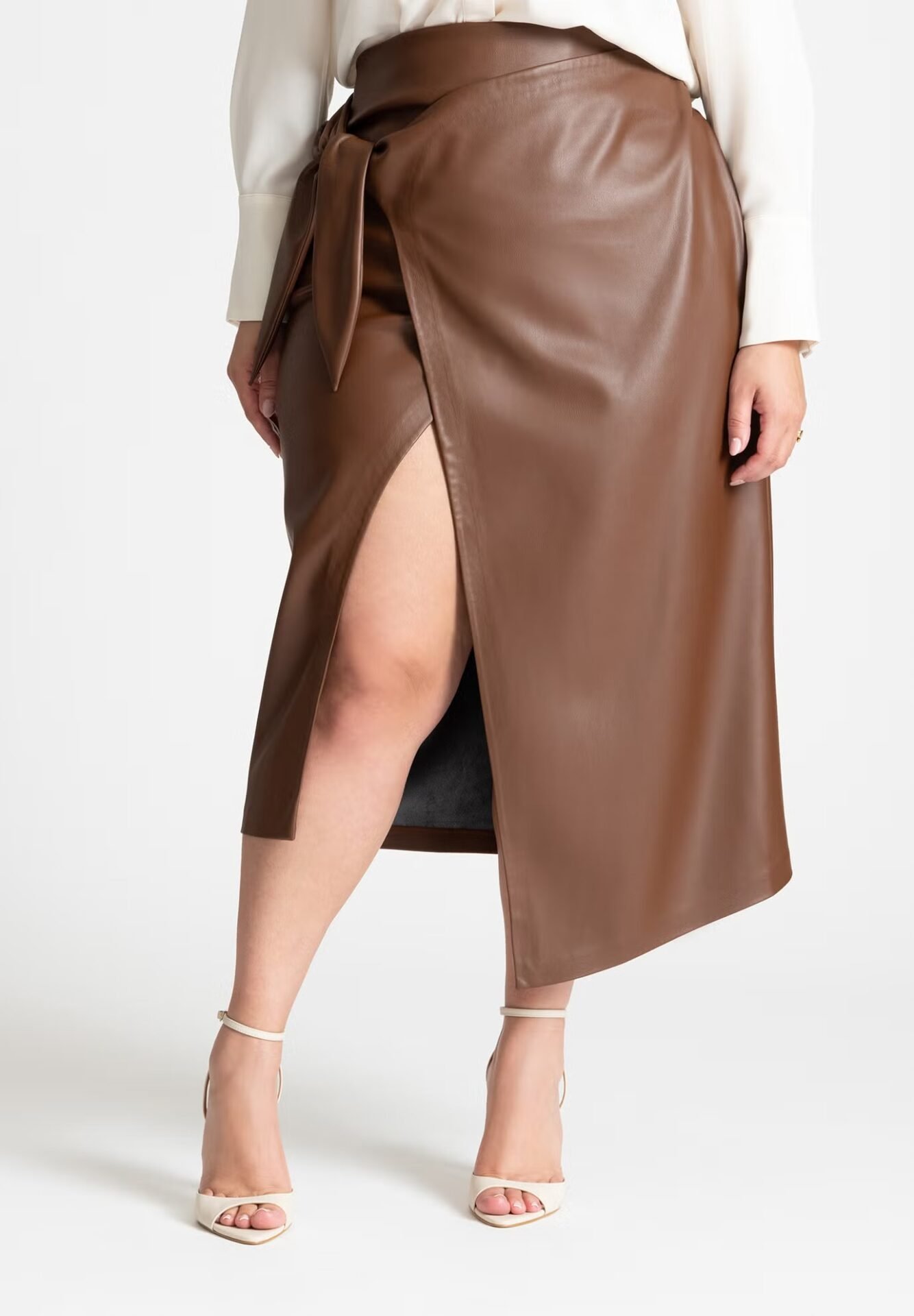 Wrap Front Faux Leather Midi Skirt (Chocolate Fondant)