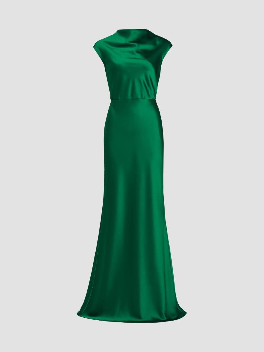 Satin High Cowlneck A-Line Gown (Emerald)