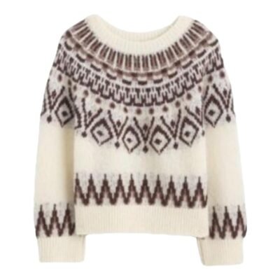 Fair Isle Boxy Sweater (White and Brown)