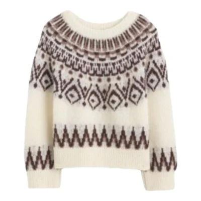 Fair Isle Boxy Sweater (White and Brown)