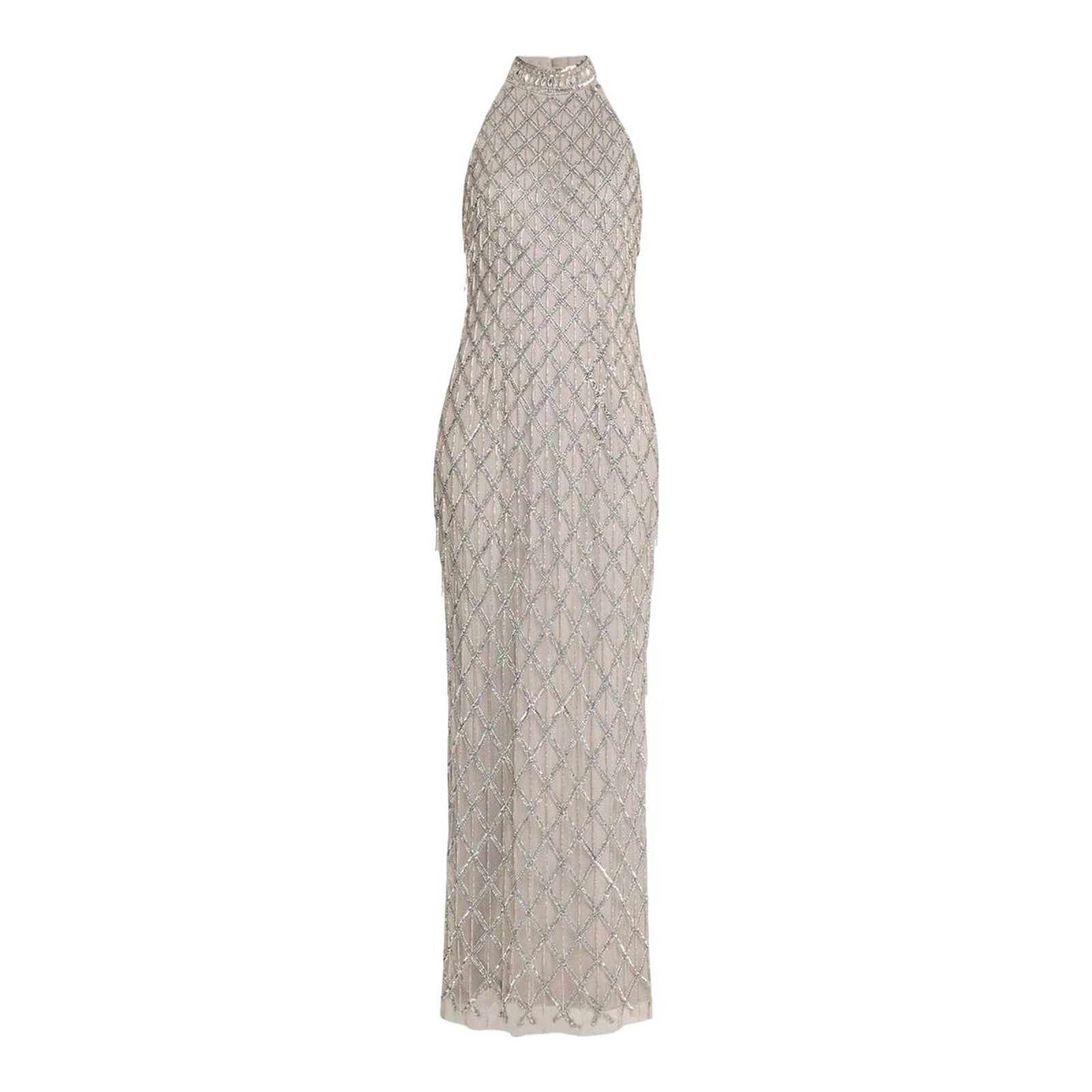Beaded Halter Column Gown (Silver)