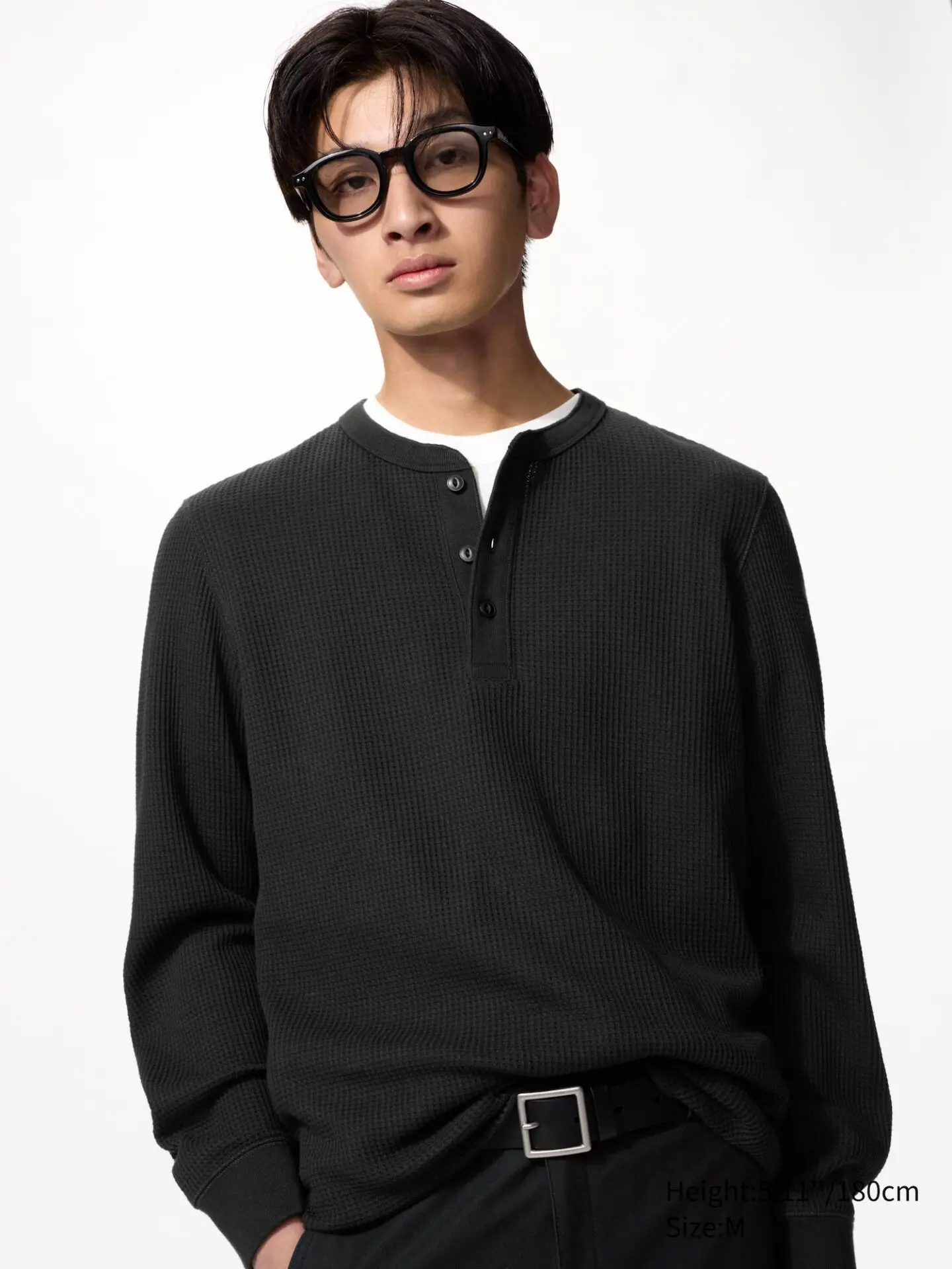Waffle Henley Neck T-Shirt | Long Sleeve (Black)