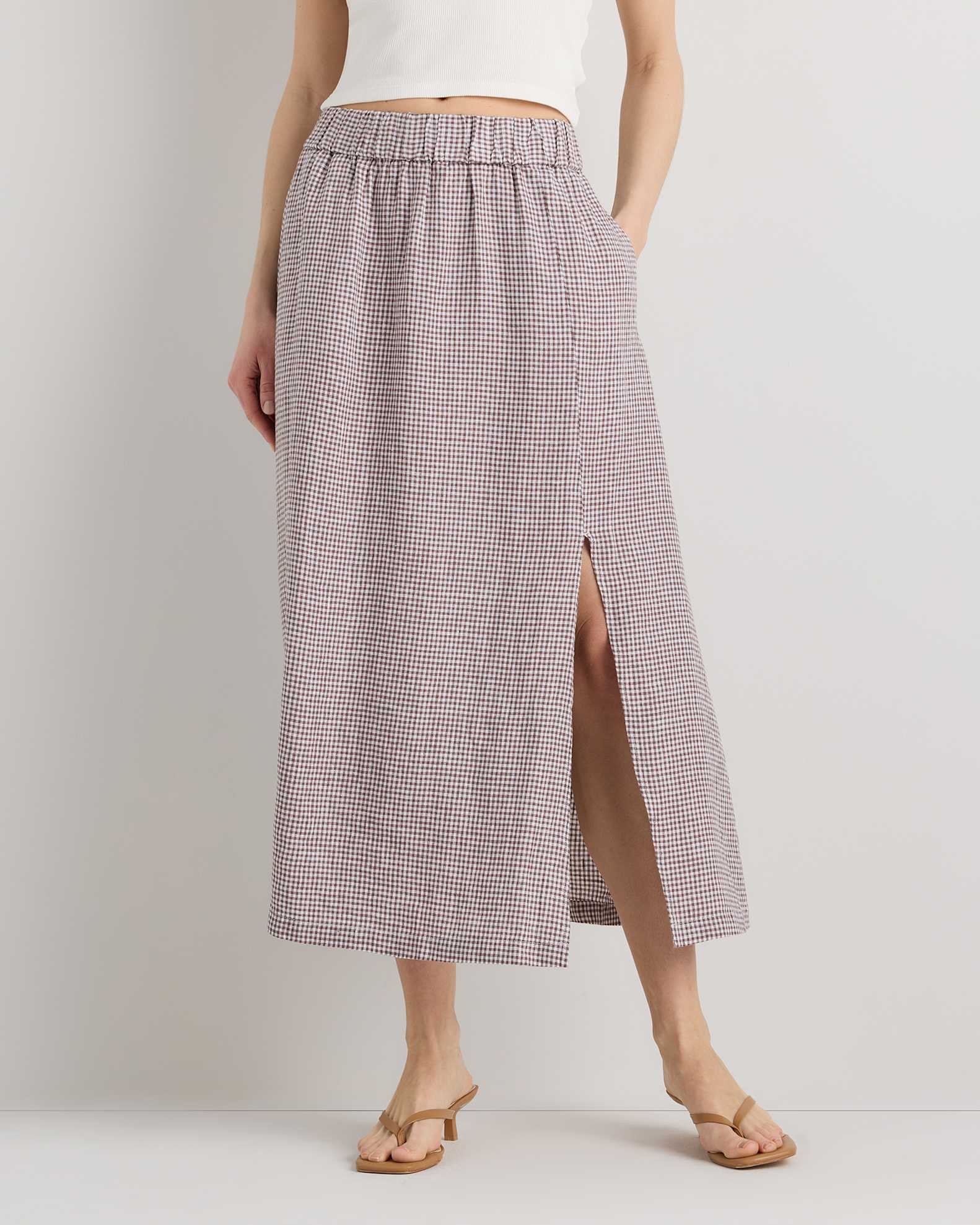 100% European Linen Maxi Skirt (Taupe Brown Gingham)