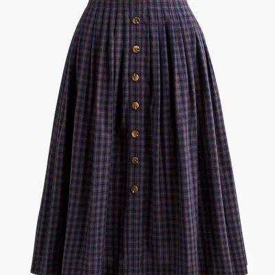 Pleated Button-Front Midi Skirt (Navy/Brown Plaid)