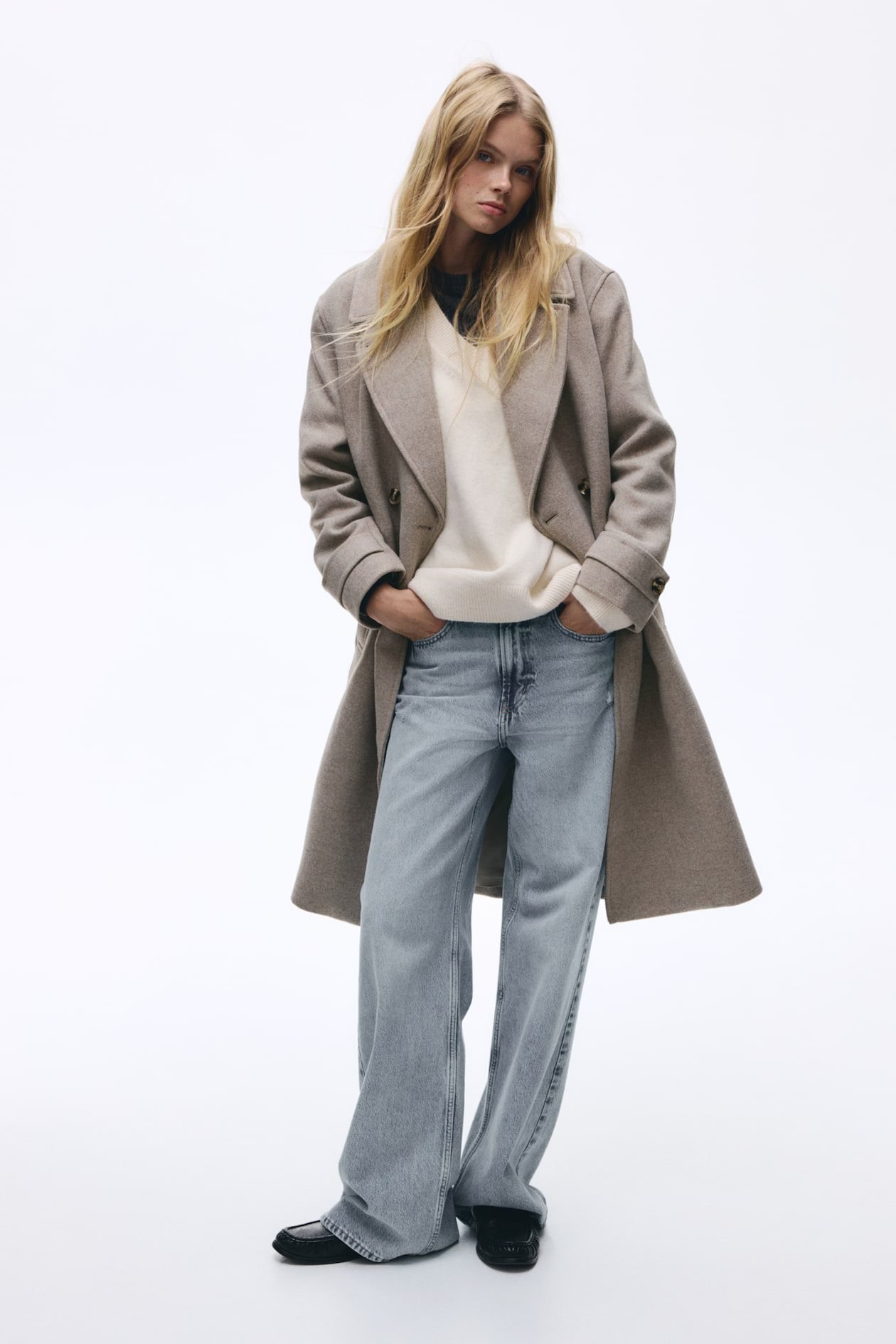 Woven Double Breasted Coat (Taupe)