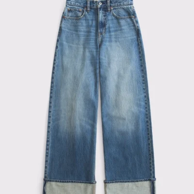 High Rise Wide Leg Cuffed Jean (Medium Wash)