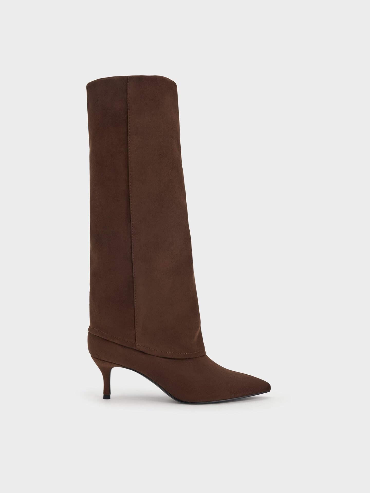 Faux Suede Pointed-Toe Stiletto-Heel Knee-High Boots (Dark Brown Textured)