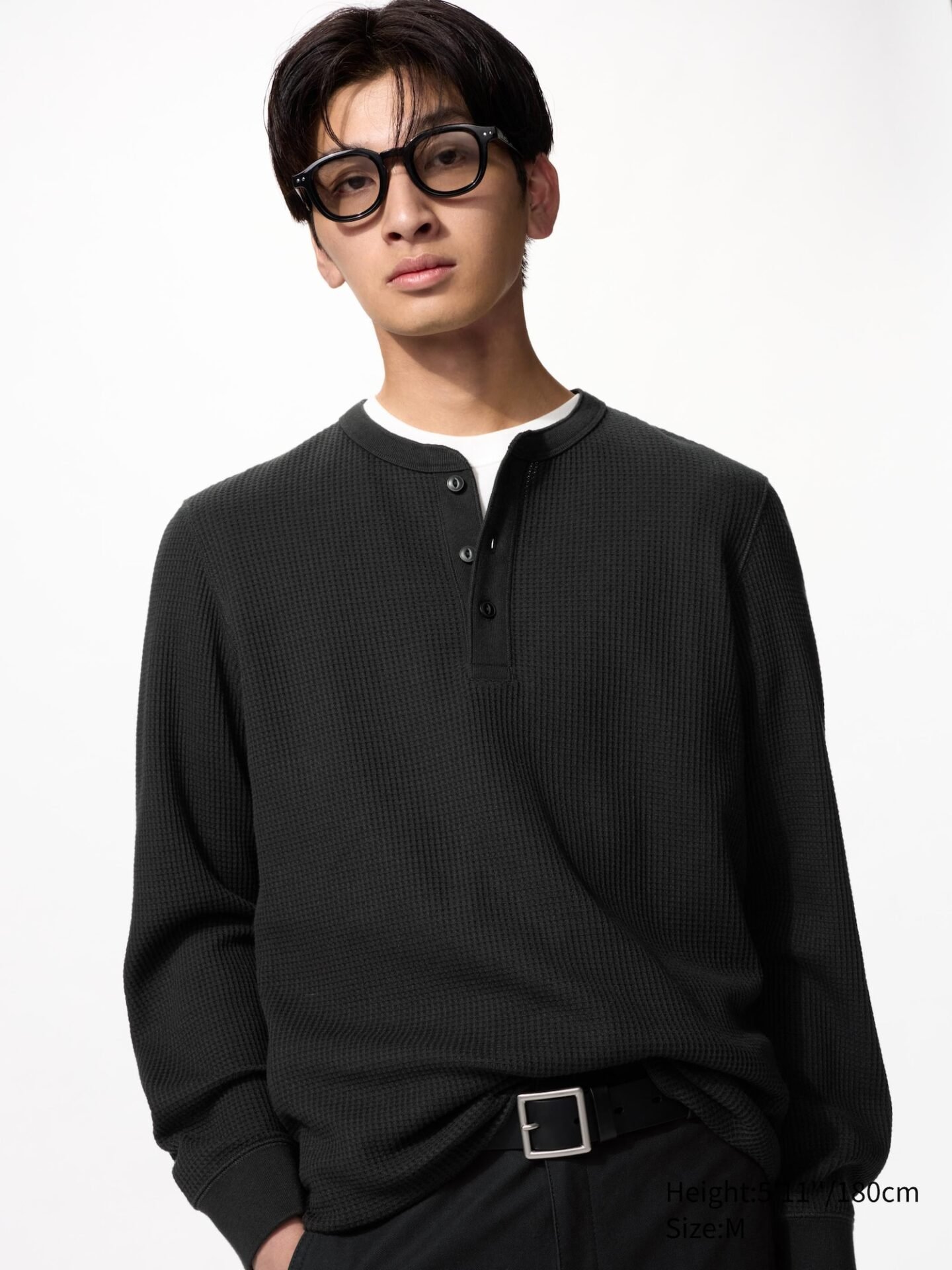 Waffle Henley Neck T-Shirt, Long Sleeve (Black)