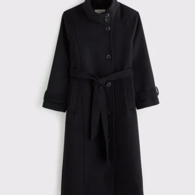 Funnel Neck Wool-Blend Long Coat (Black)