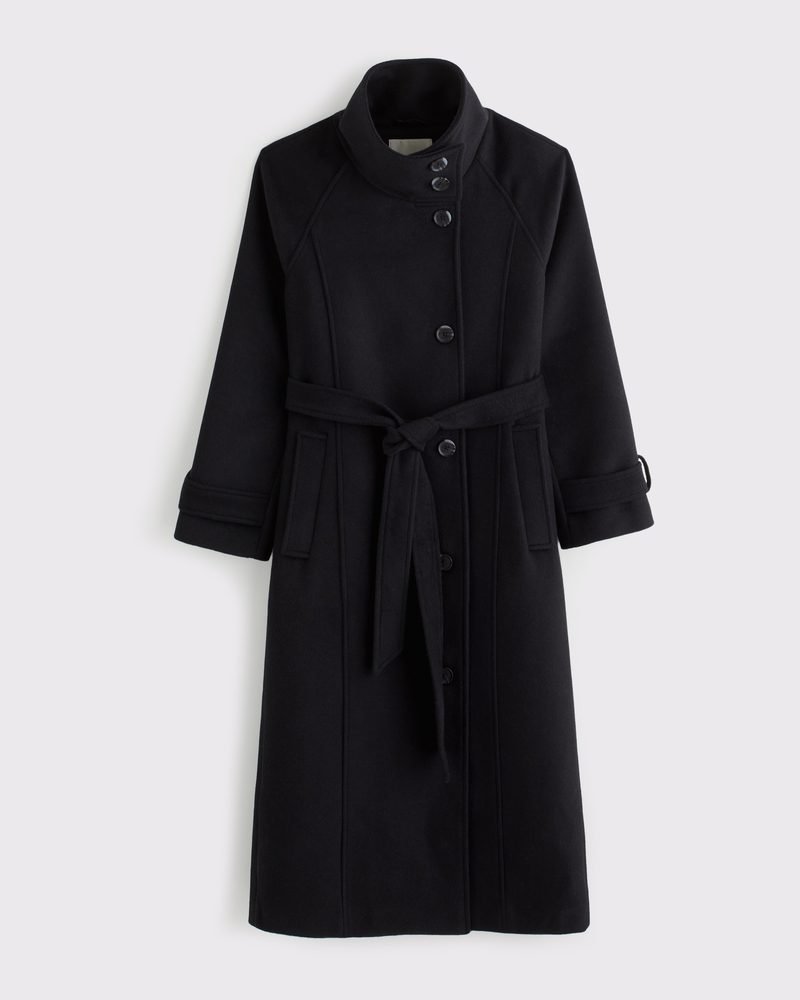 Funnel Neck Wool-Blend Long Coat (Black)