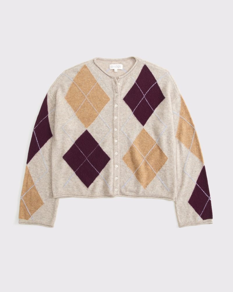 Merino Wool-Blend Roll Neck Cardigan (Light Brown Pattern)