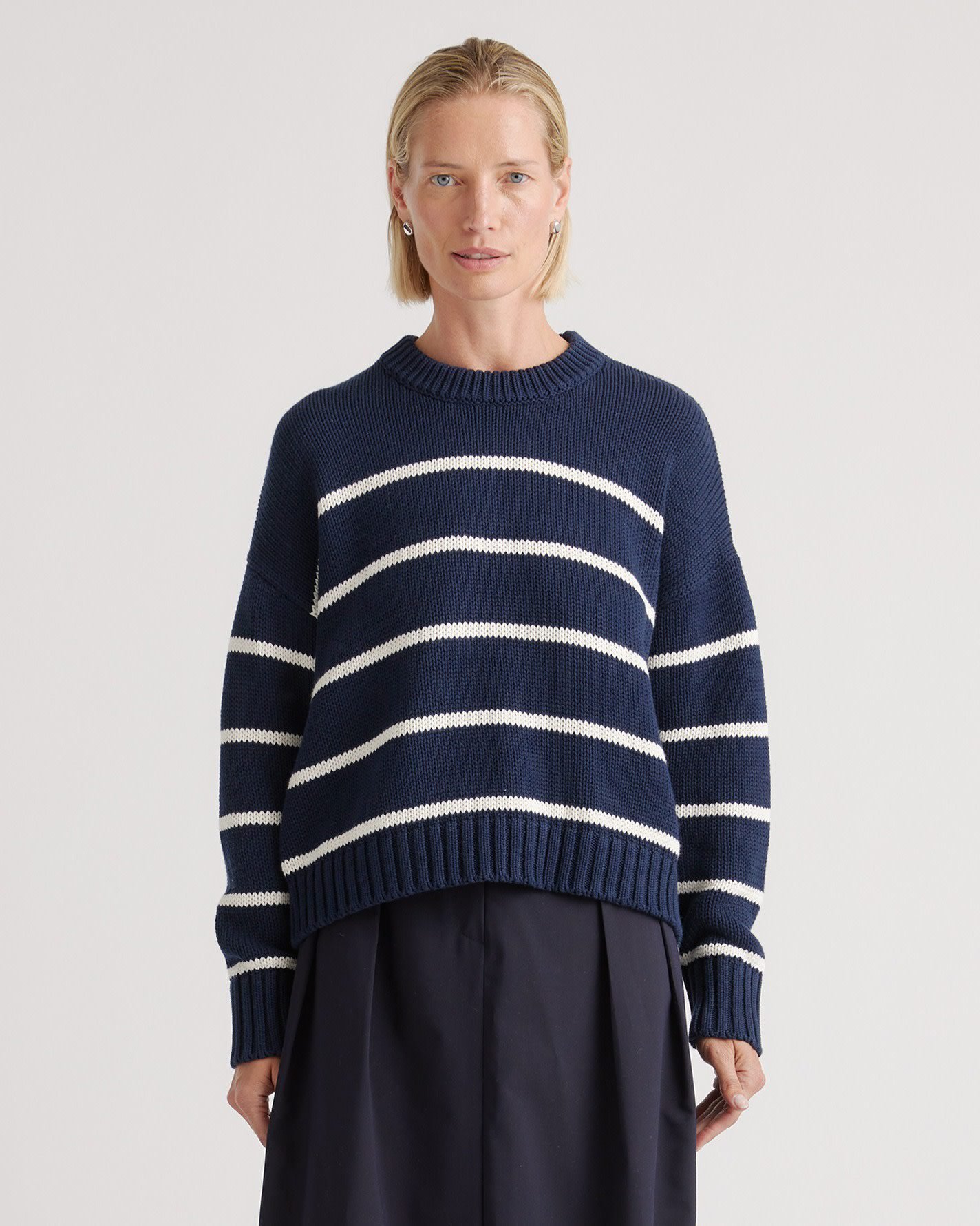 100% Organic Cotton Striped Crew Sweater (Navy/White)